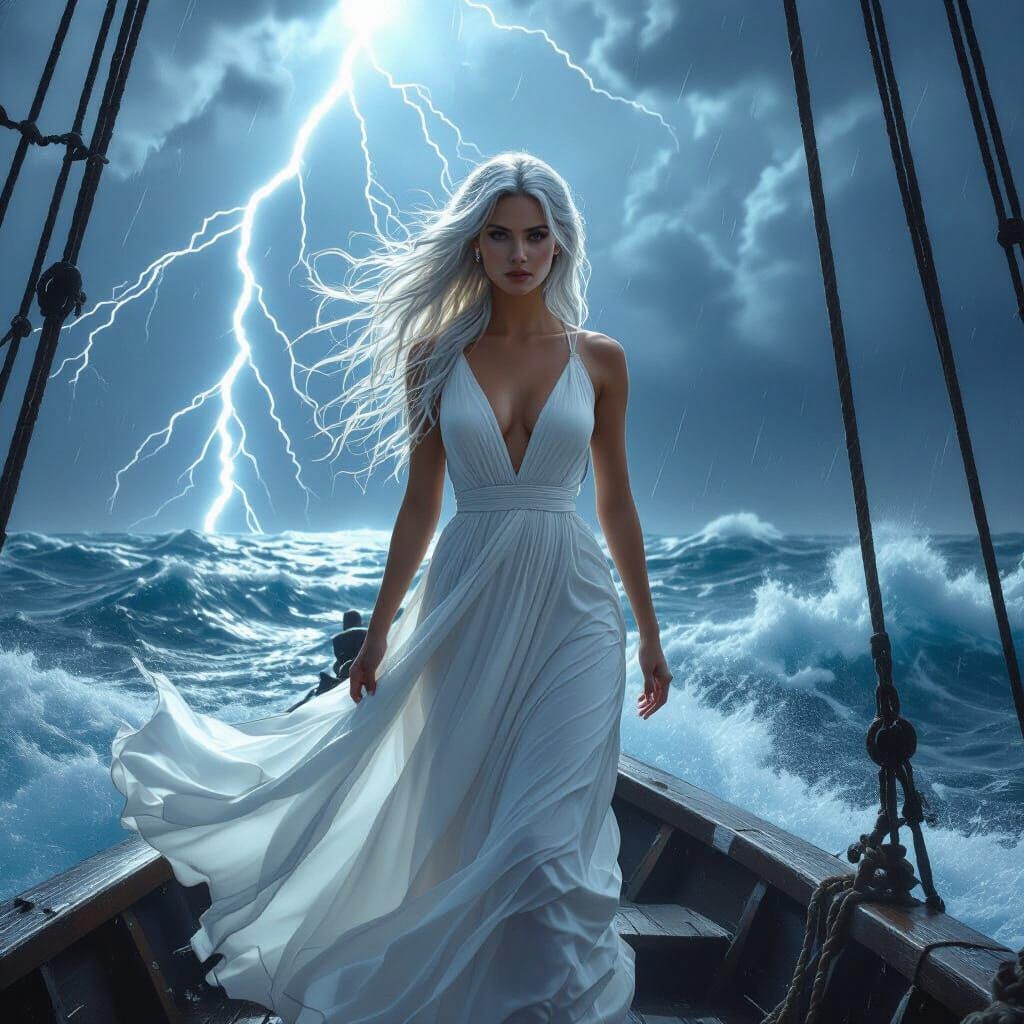 Serene Woman Amidst Storm, Photorealistic Digital Art