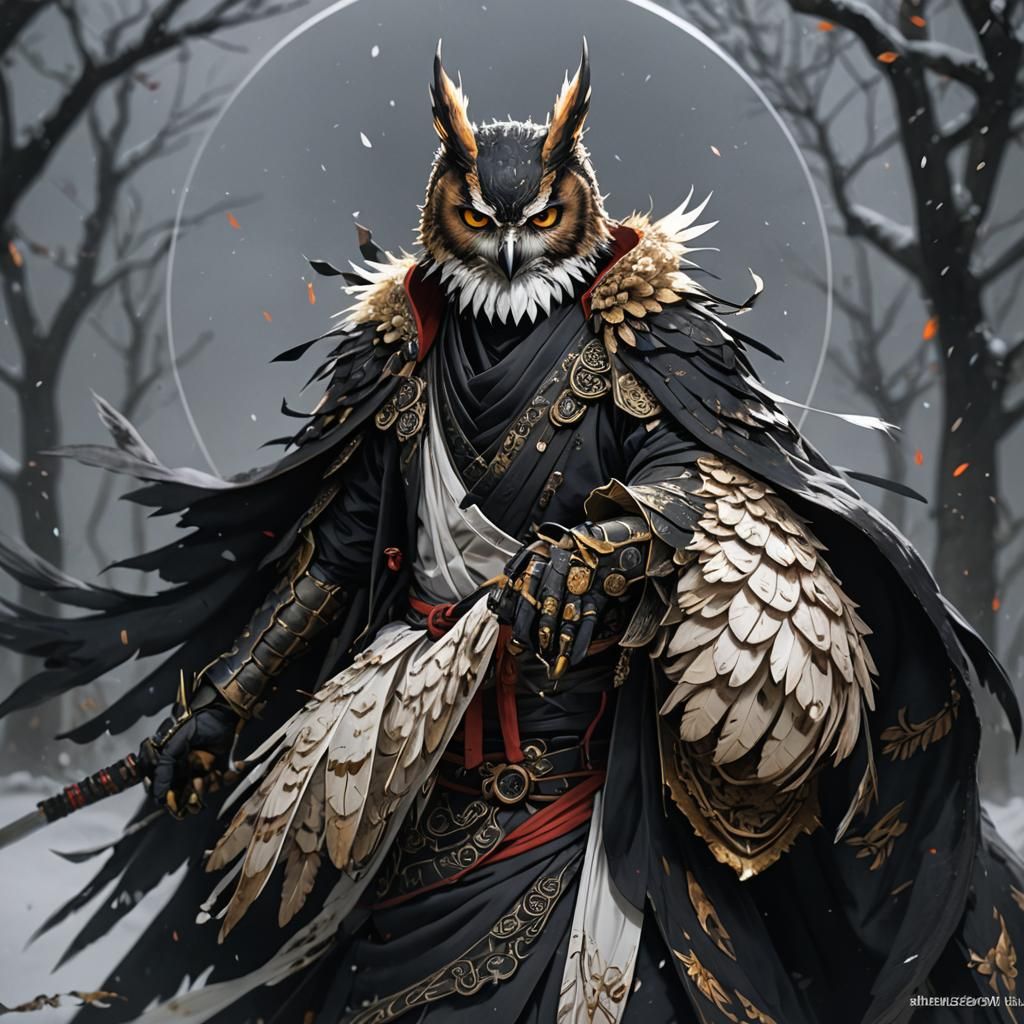 Dark Fantasy Owl Ninja Portrait in Anime Style