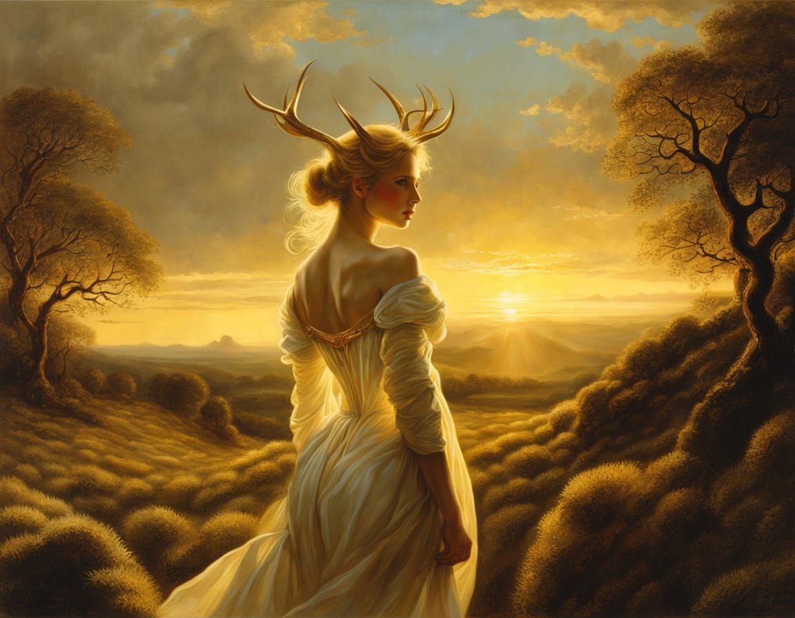 Mystical Alpine Maiden with Stag Antlers in Golden Sunset