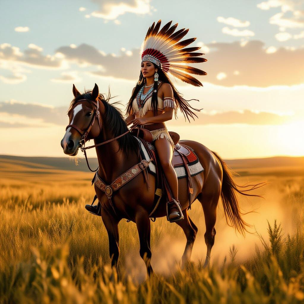 Indigenous Woman Rides Horse on Sunlit Prairie