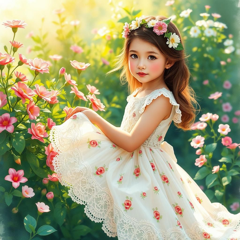 Girl in Floral Dress, Impressionist Garden Portrait