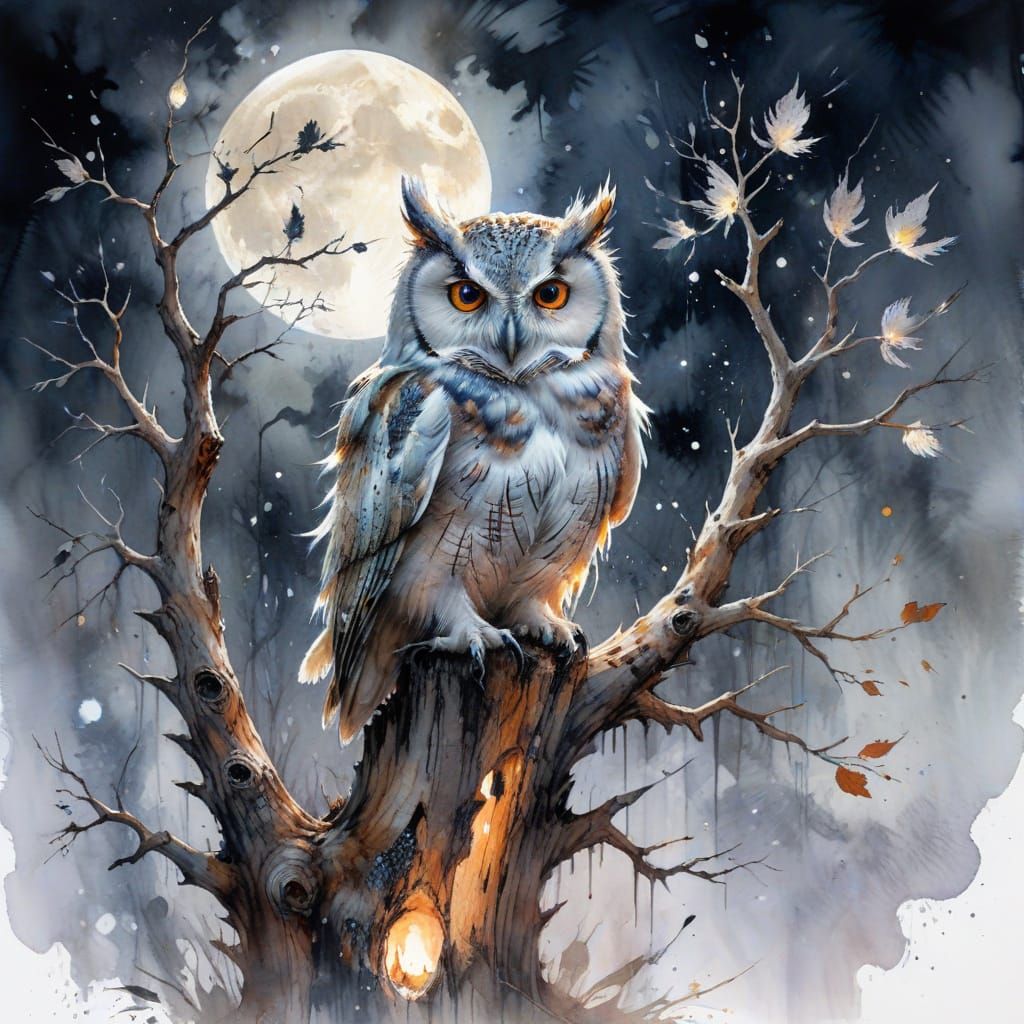 Ghost Owl on Tree Bark at Full Moon