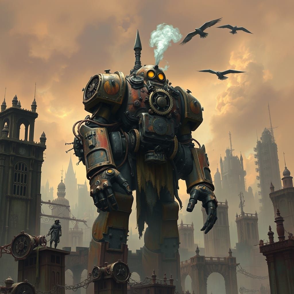 Iron Golem Sentinel in Steampunk Dark Fantasy Style