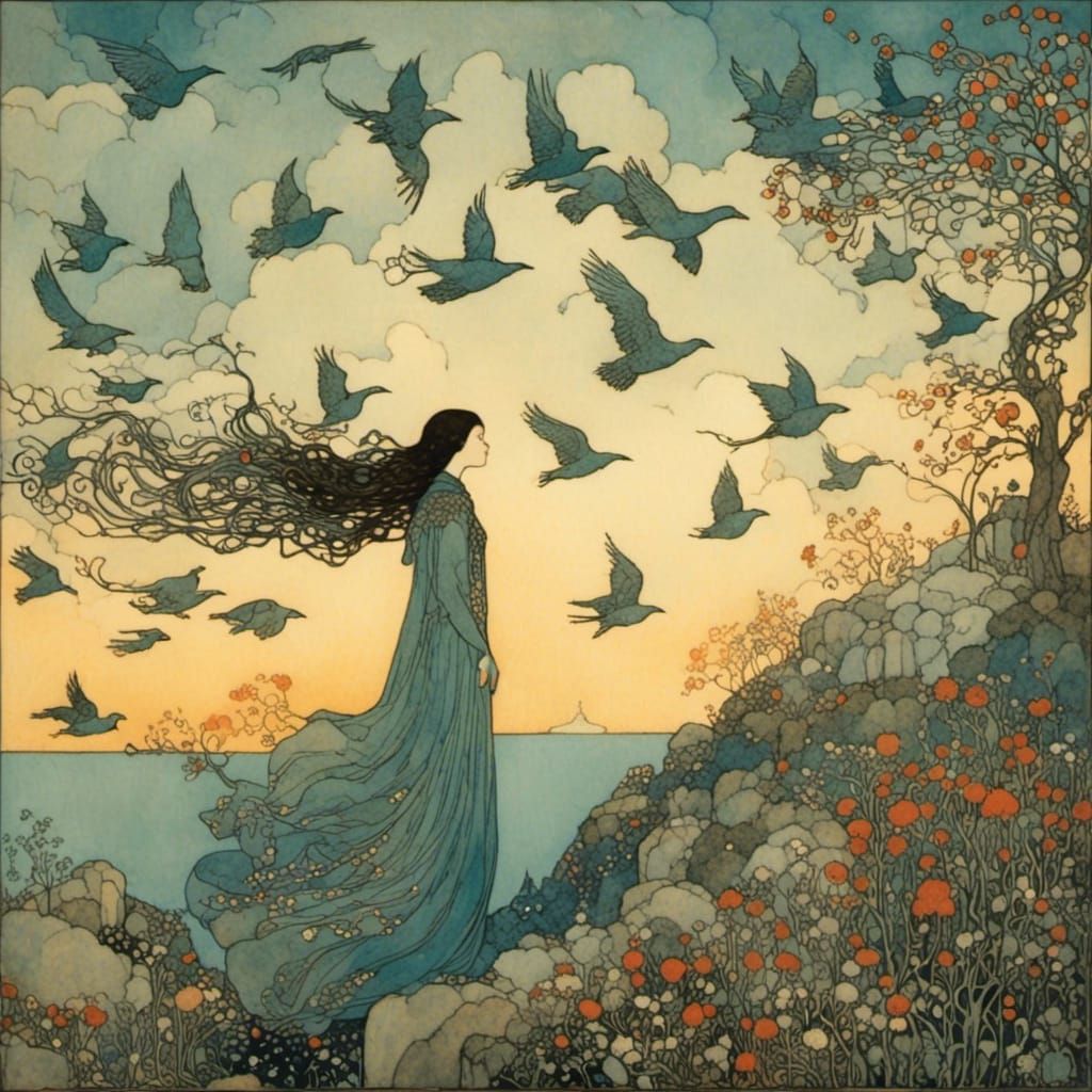 Woman Flies with Birds in Dreamlike Style