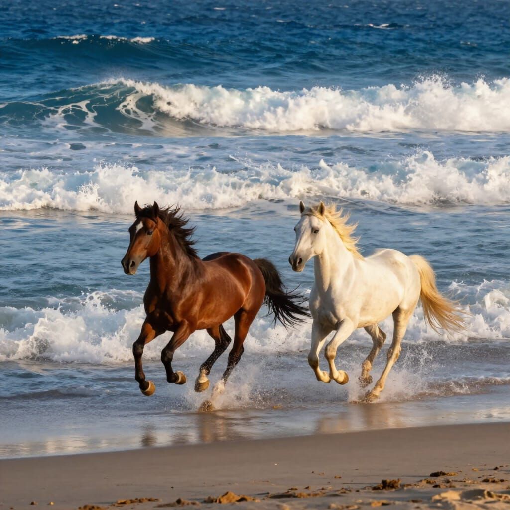 Horses Gallop on Beach as Ocean Waves Crash