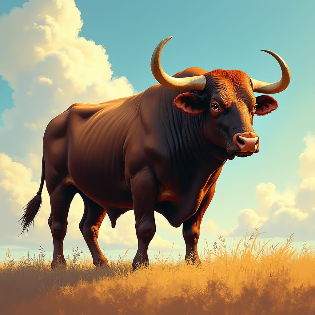 Majestic Bull in Sun-Drenched Landscape