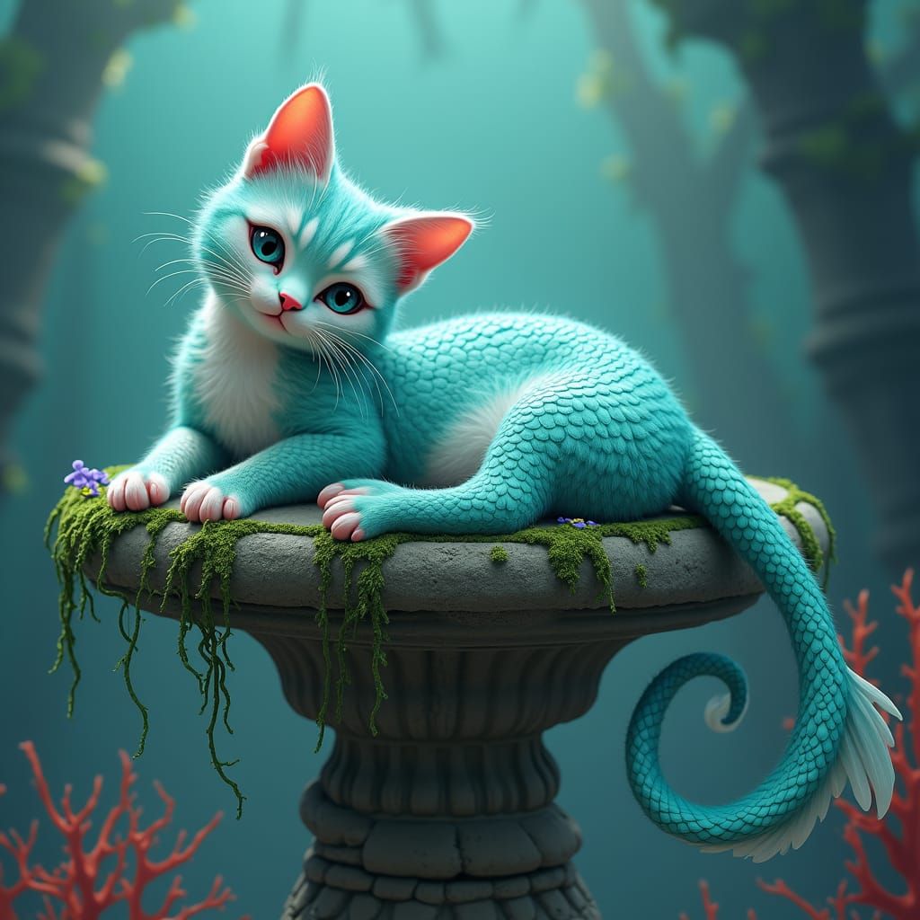 Whimsical Mermaid Cat in Surreal 3D Render
