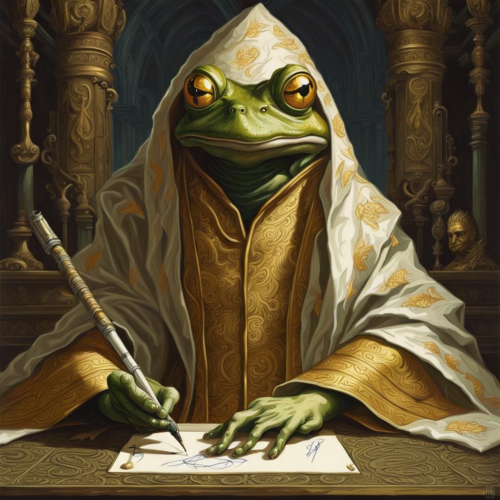 Frog Monk Scribe in Gilded Robes, Detailed Oil Painting