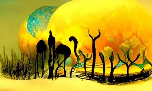 mangrove trees in the cosmic wetlands, concept art illustration by dan mumford, roger dean, jean giraud, and gilbert wil...