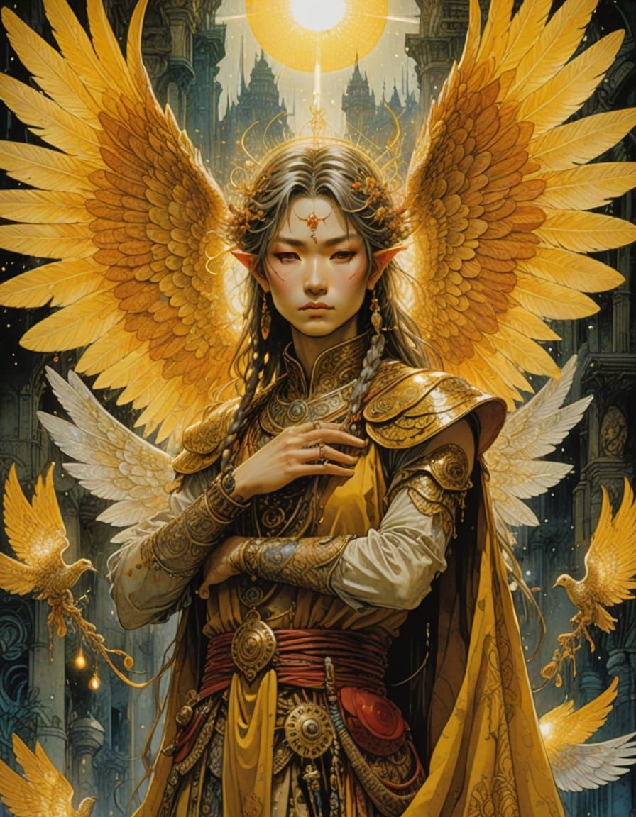 Fantasy Angel Portrait in Golden Pointillism Style