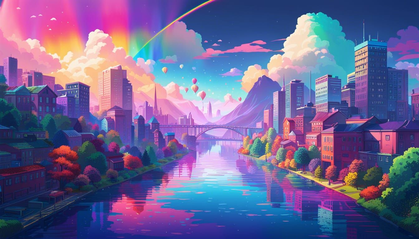Anime Landscape with Rainbow Reflection in Noir Style