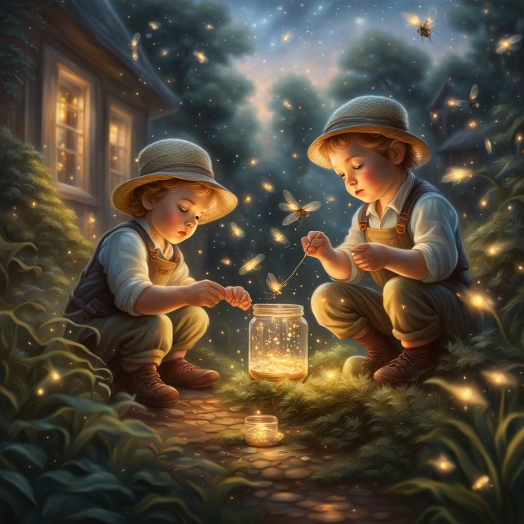 Toddlers Catching Fireflies in Ethereal Light