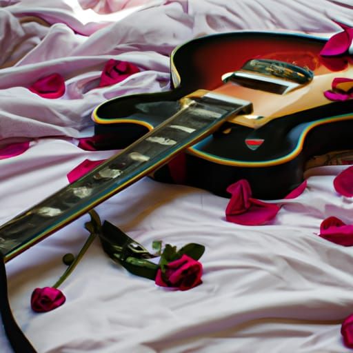 Detailed Guitar with Roses on Silk Sheets