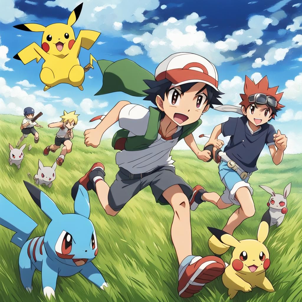 Ash and Pokémon Running Through Grassy Fields in Anime Style