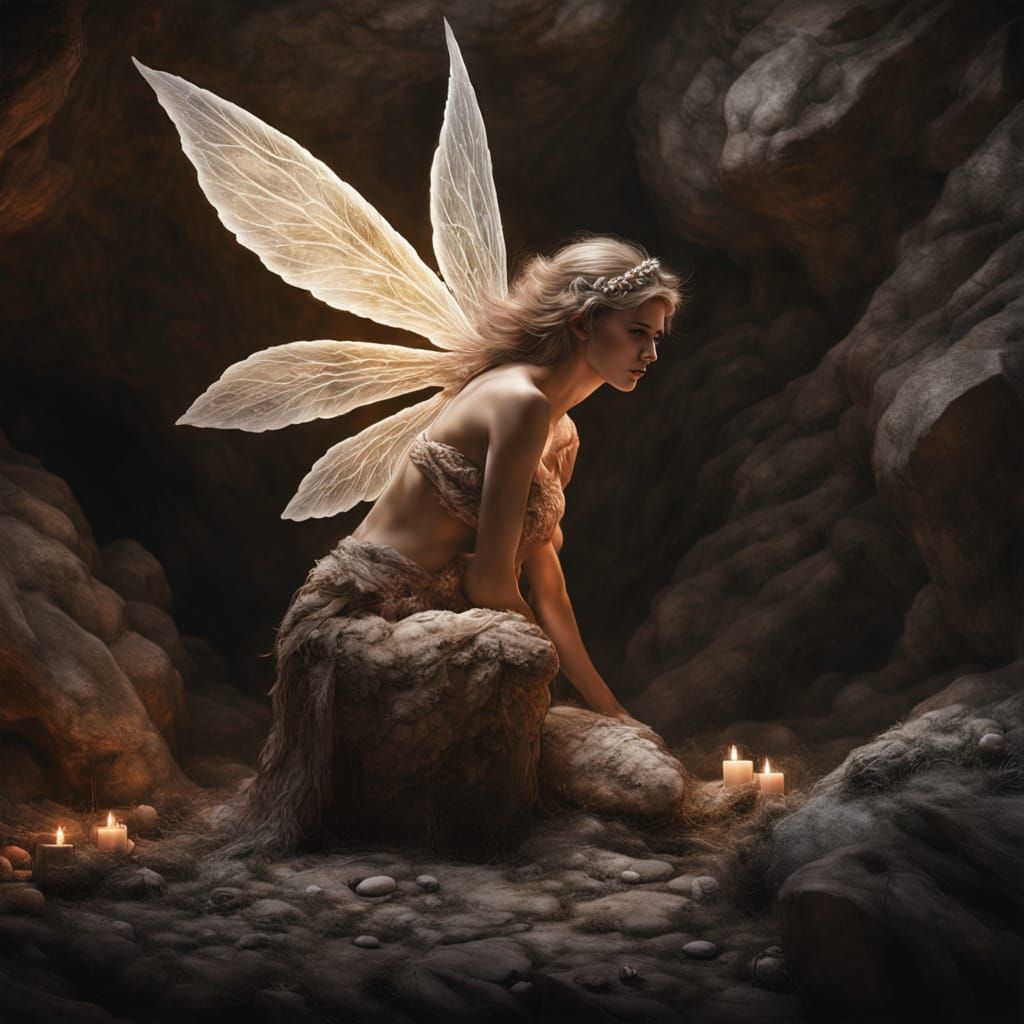 Stone-Age Fairy in Cave, Earthy Oil Painting