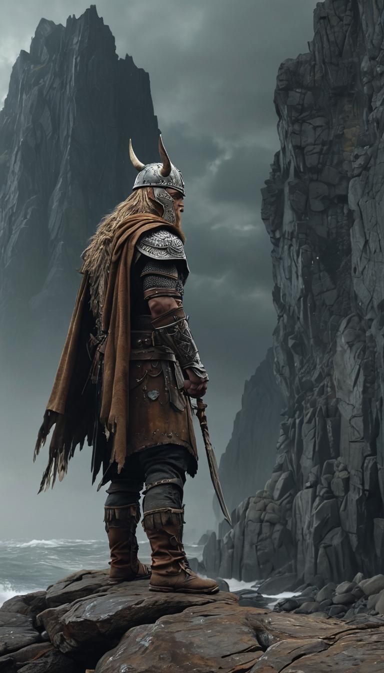 This hyperrealistic, 4K full-body depiction shows a Viking w...