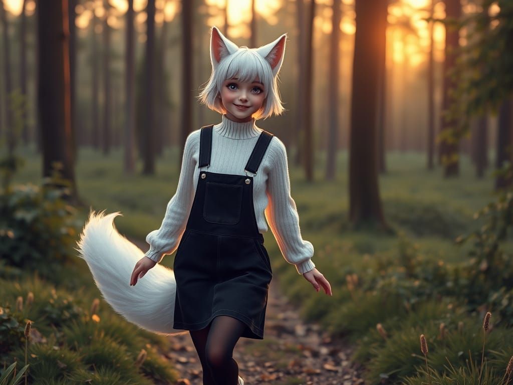 Young Woman with Fox Tail in Green Forest
