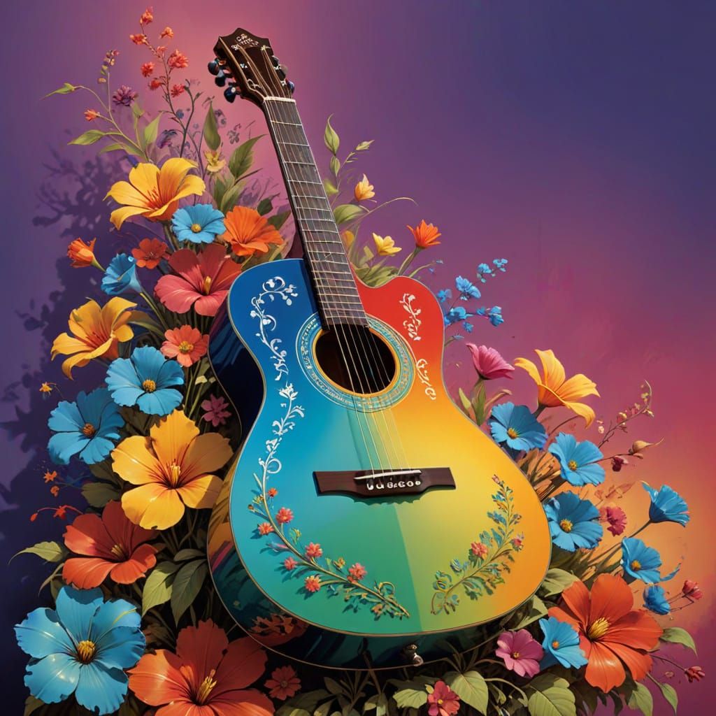 Floral Spanish Guitar in Art Deco Splash Art Style