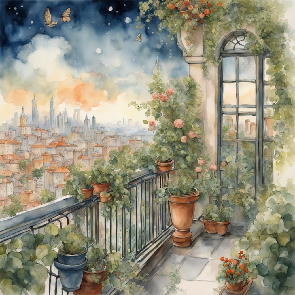 Enchanting City Balcony in Whimsical Watercolor Style