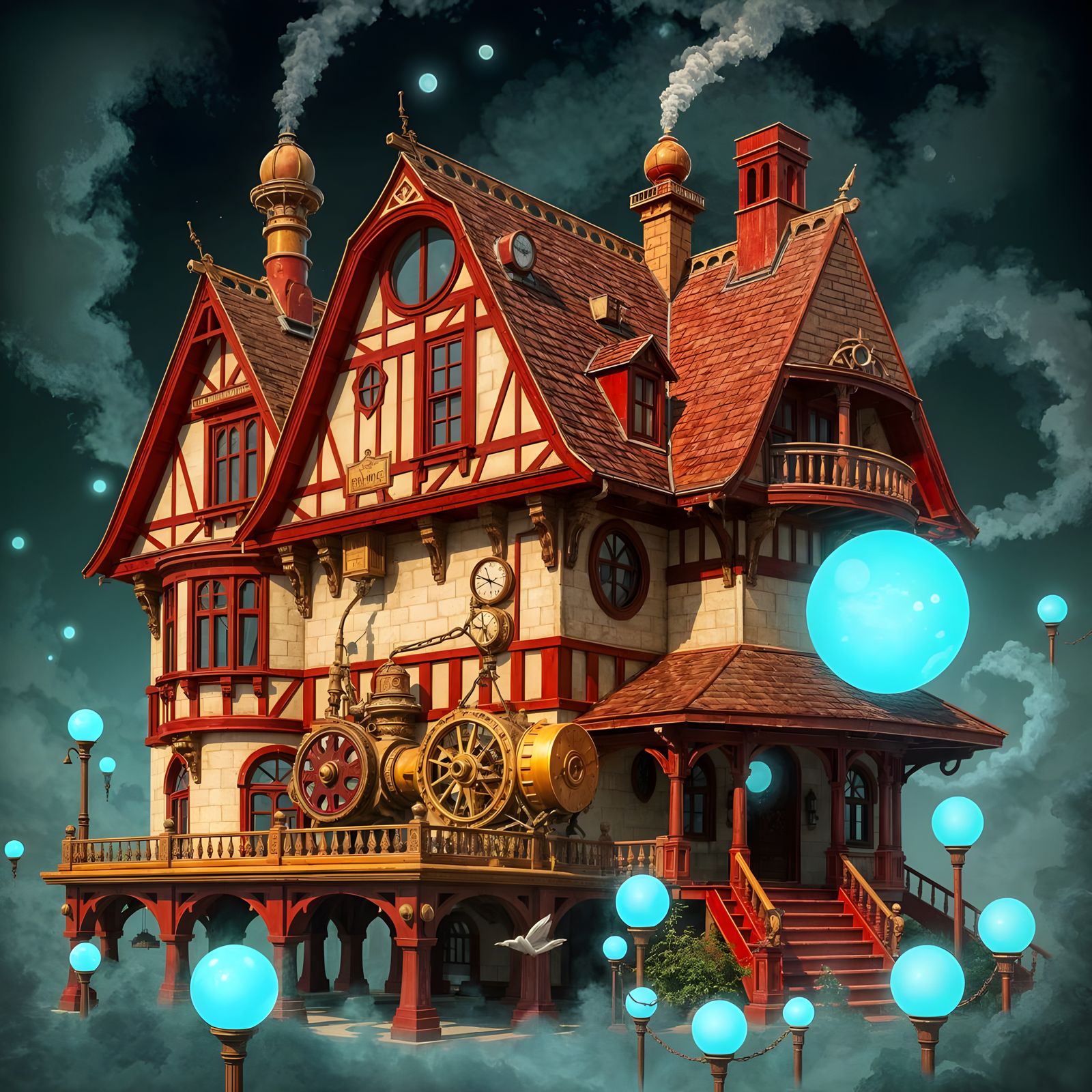 Vibrant Steampunk Abode with Clockwork Engine