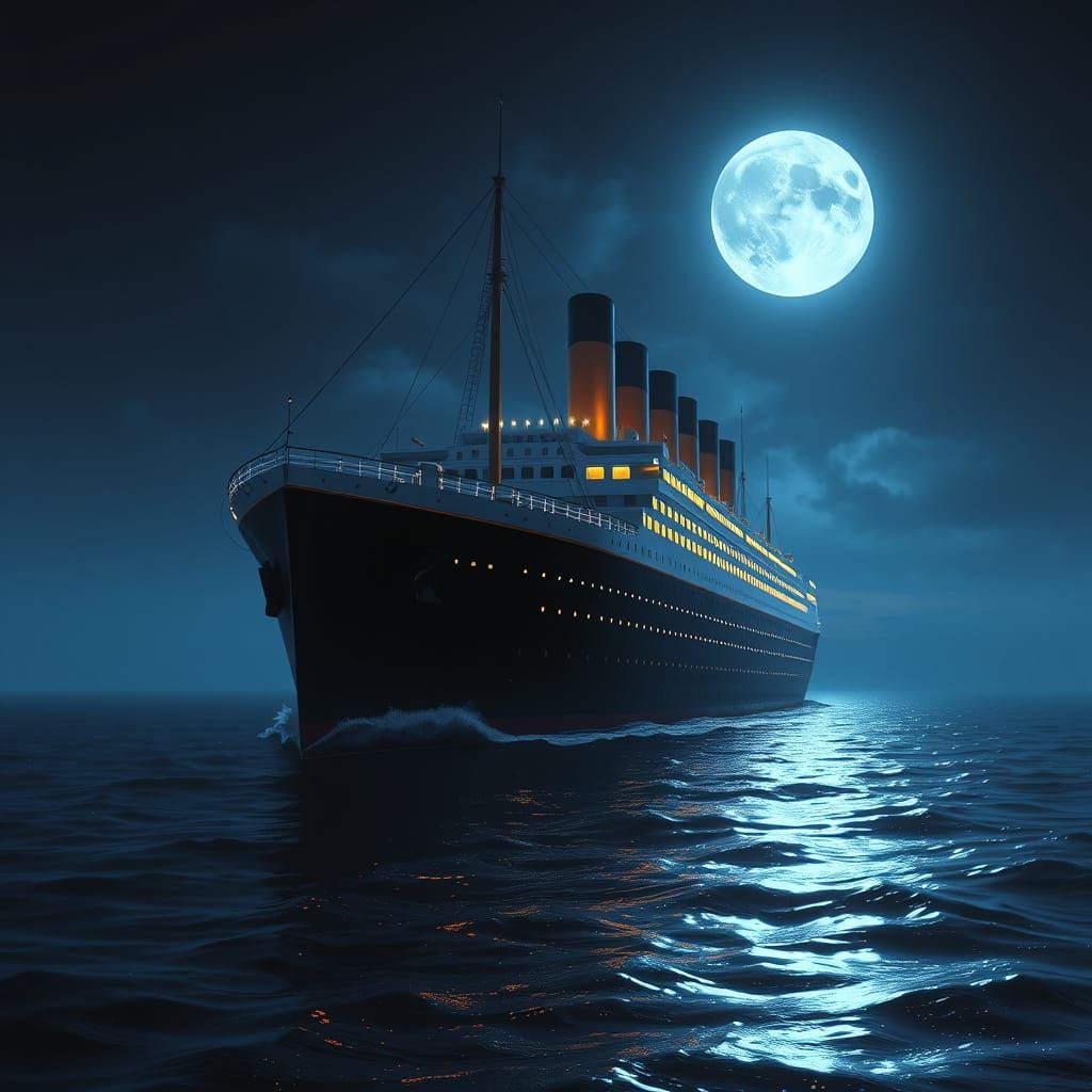 Ethereal Titanic Under Full Moon in Dark Ocean