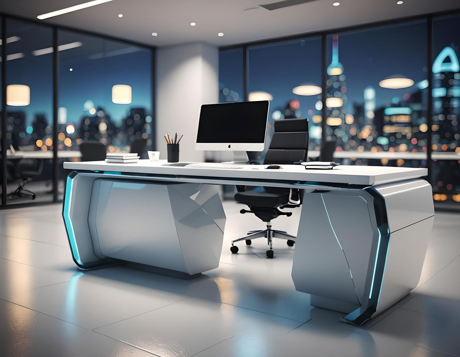 Futuristic Office Desk in 3D with Bokeh