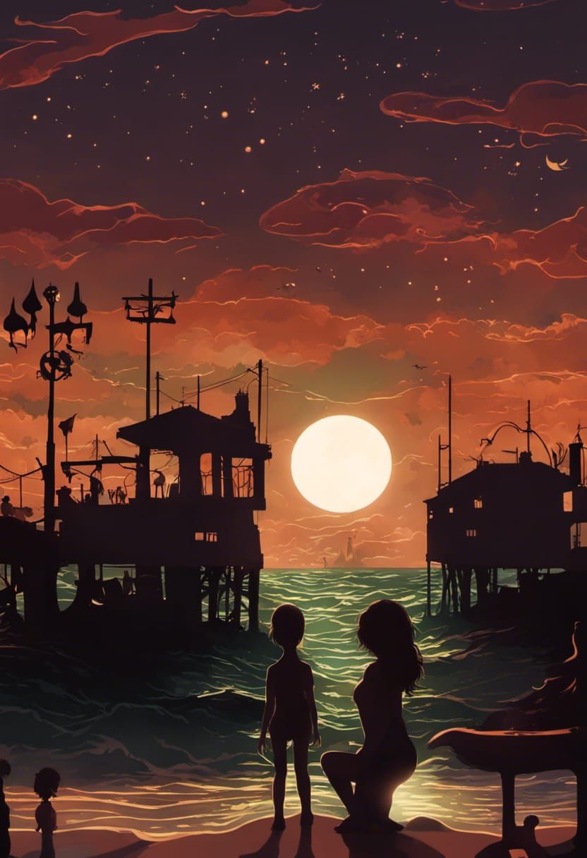 Ocean Sunset: Mermaids Greet Woman at Night