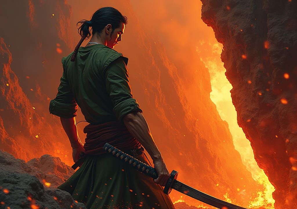 Swordsman at the Edge of Fiery Abyss Illustration