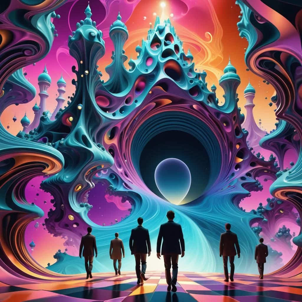 Person Stepping into Infinity with Fractal Background