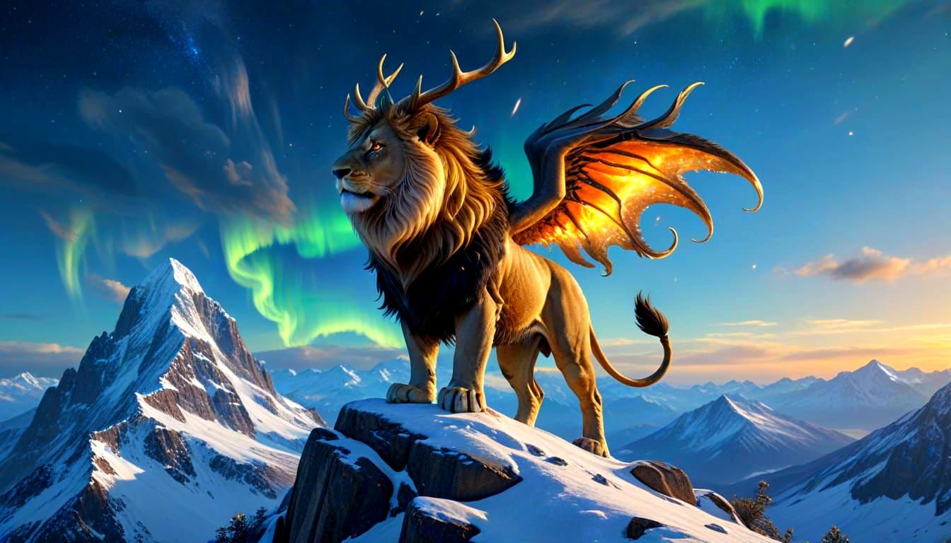Majestic Lion with Antlers and Dragon Wings