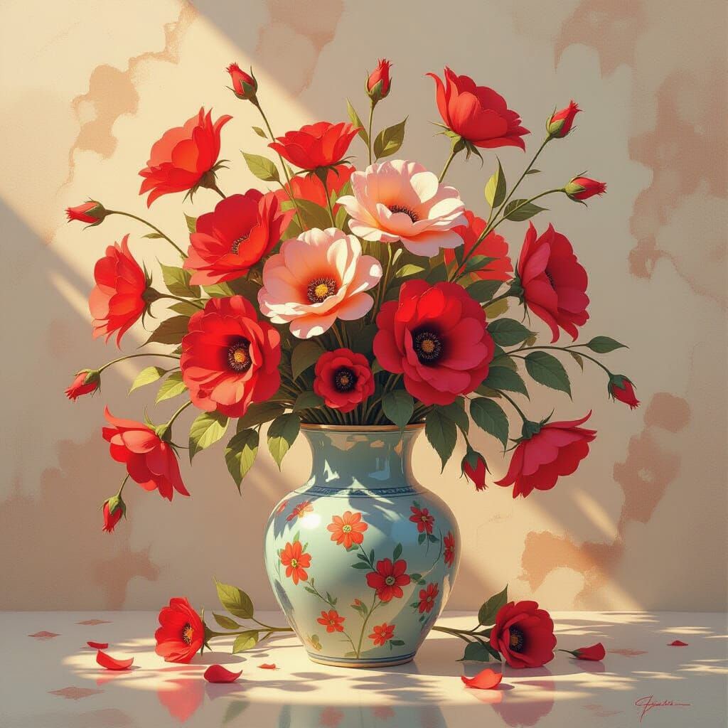 Artistic Watercolor Flowers in Vase with Red and Tangerine H...