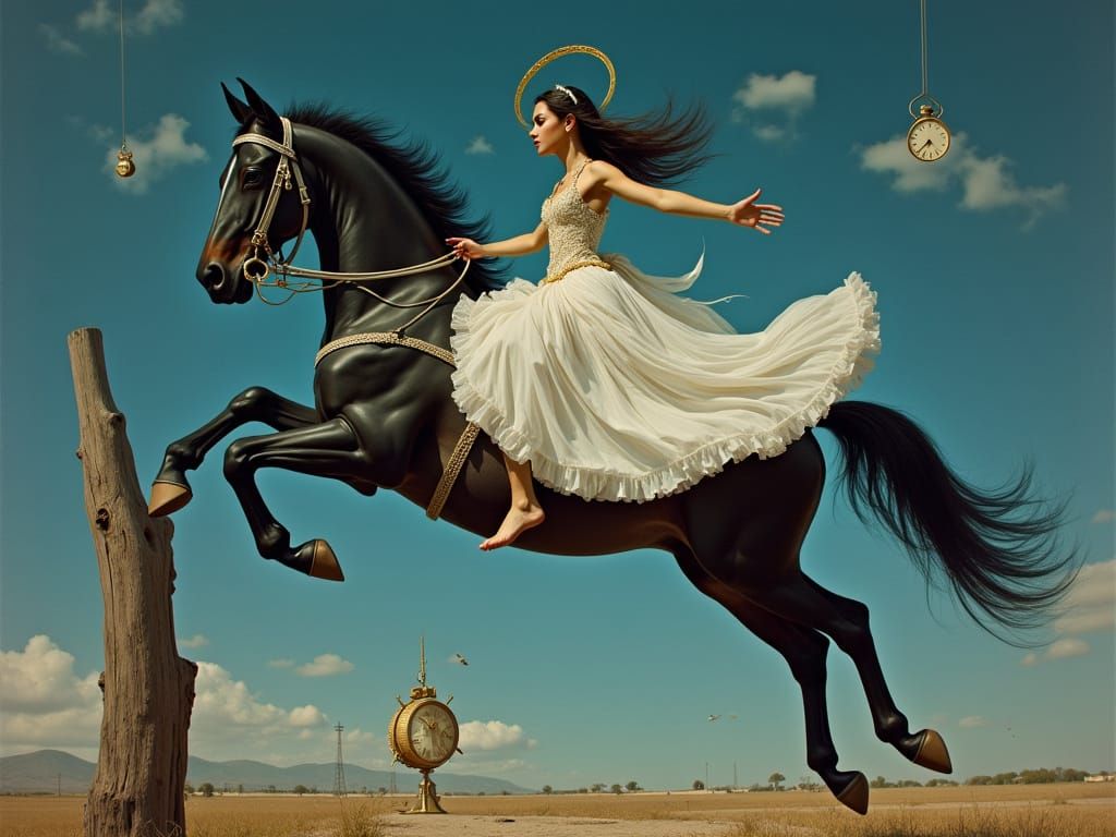 Girl on Horse Leaps Over a Pole in a Dreamlike Surrealist Sc...