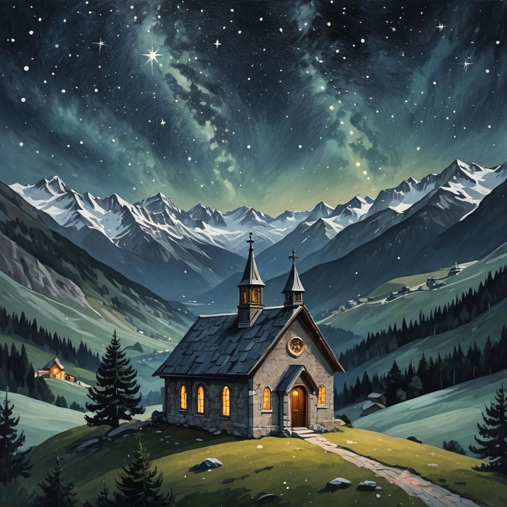 Alpine Chapel Under Starry Sky, Oil Painting