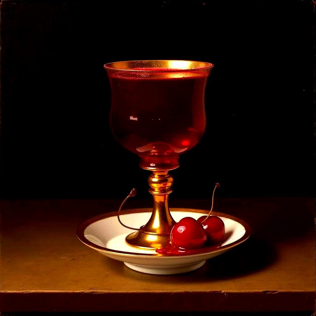 Overflowing Cherry Wine Goblet with Cherries and Saucer