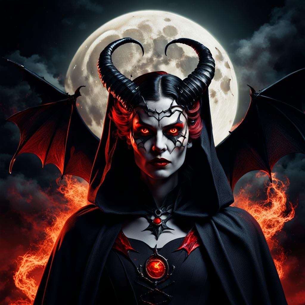 Devilish Woman with Horns and Red Eyes
