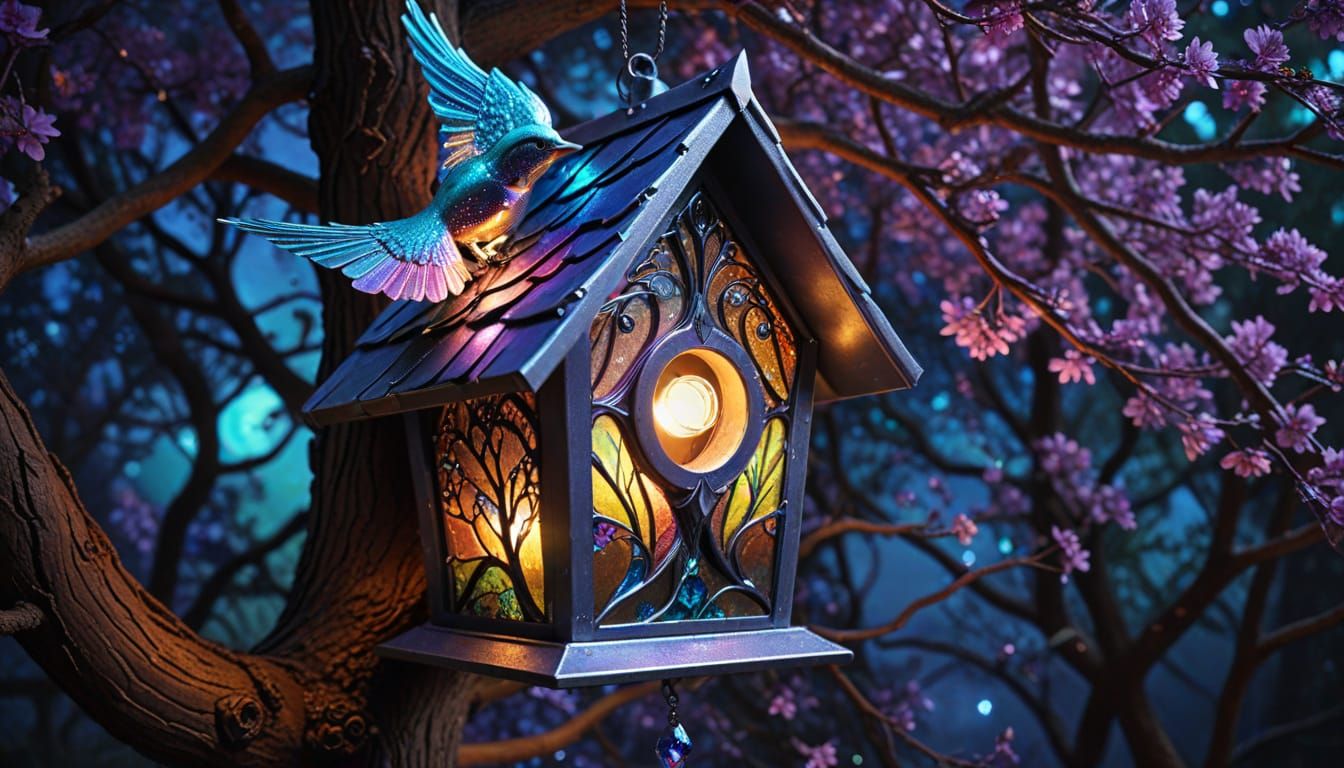 Art Nouveau Birdhouse in a Bioluminescent Tree