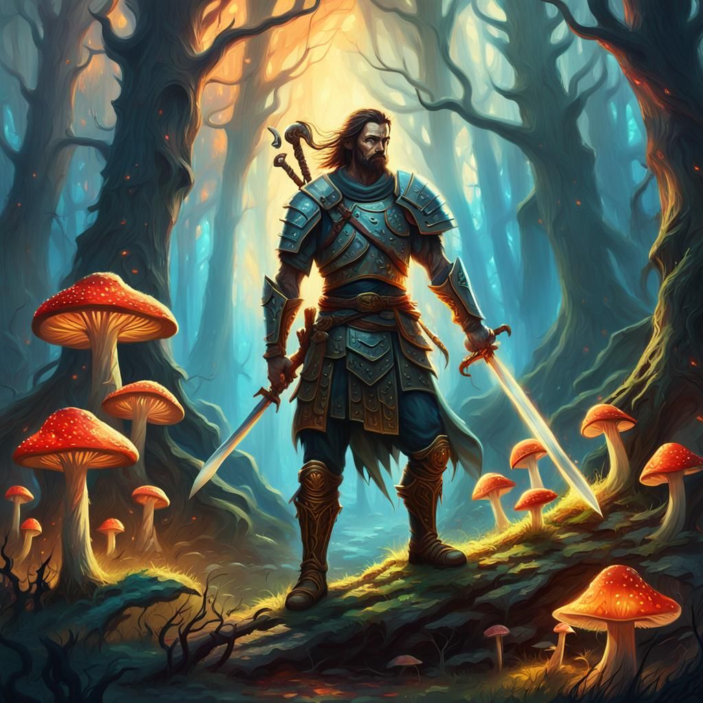 Warrior stands at edge of mystical forest in rich oil painti...