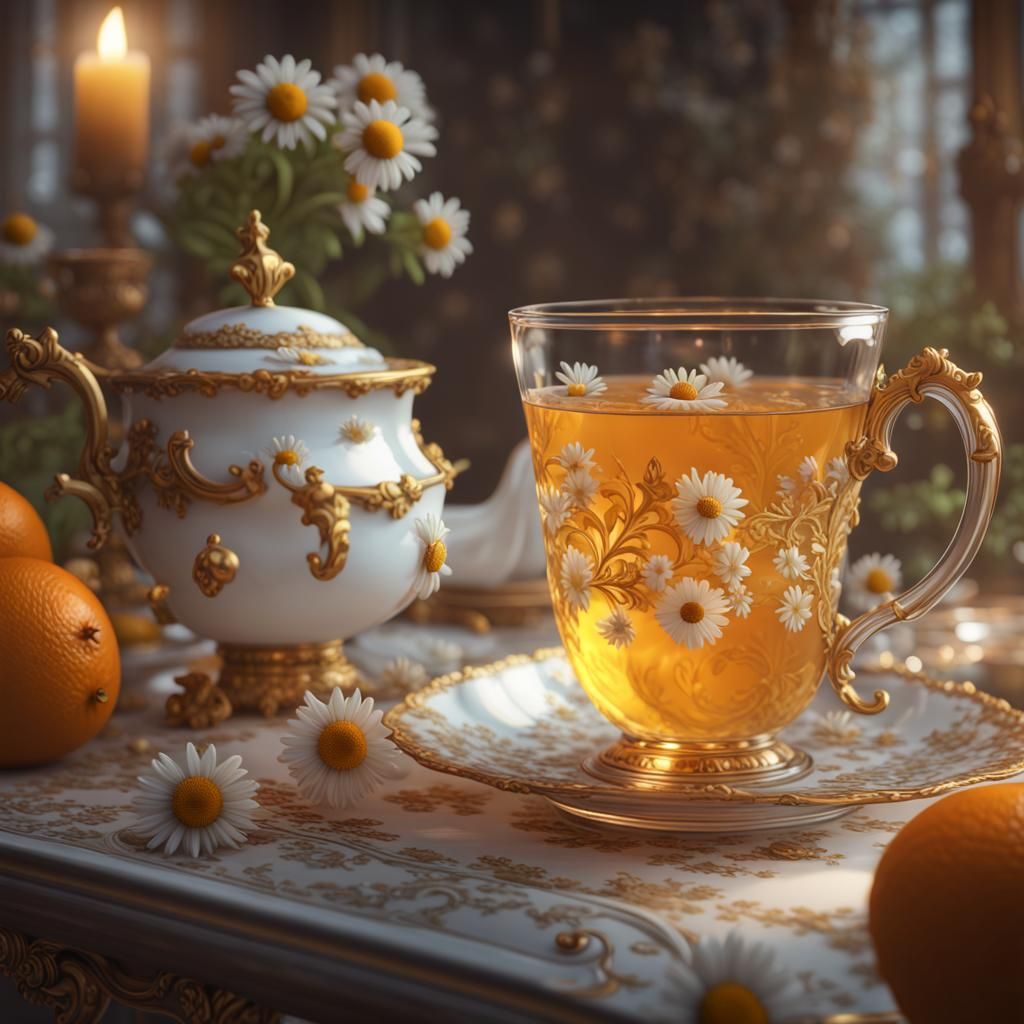 Chamomile Tea with Rococo Food, 3D Cinematic Render