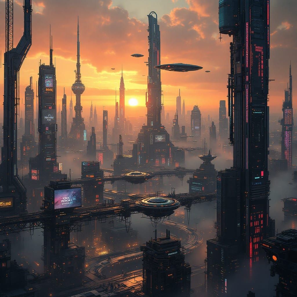 Cyberpunk Cityscape Unfolds at Sunset