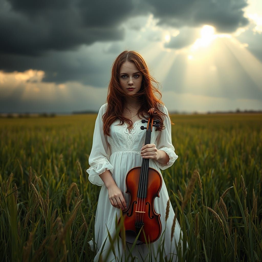 Woman with Violin in Pre-Raphaelite Style Landscape