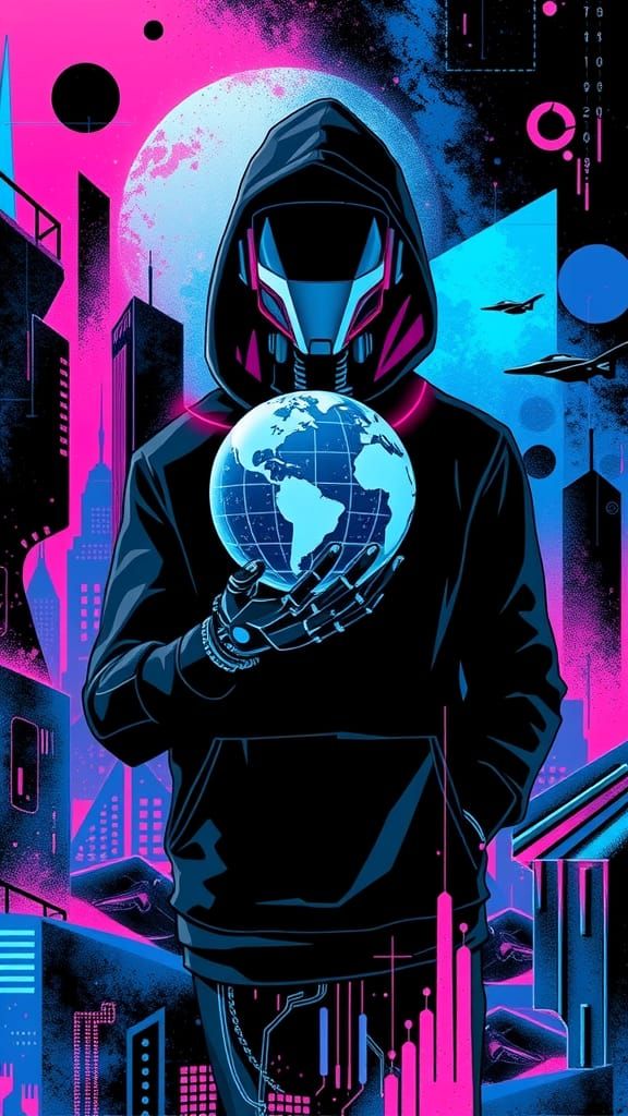 Digital Nomad in Cyberpunk Metropolis with Neon Lights