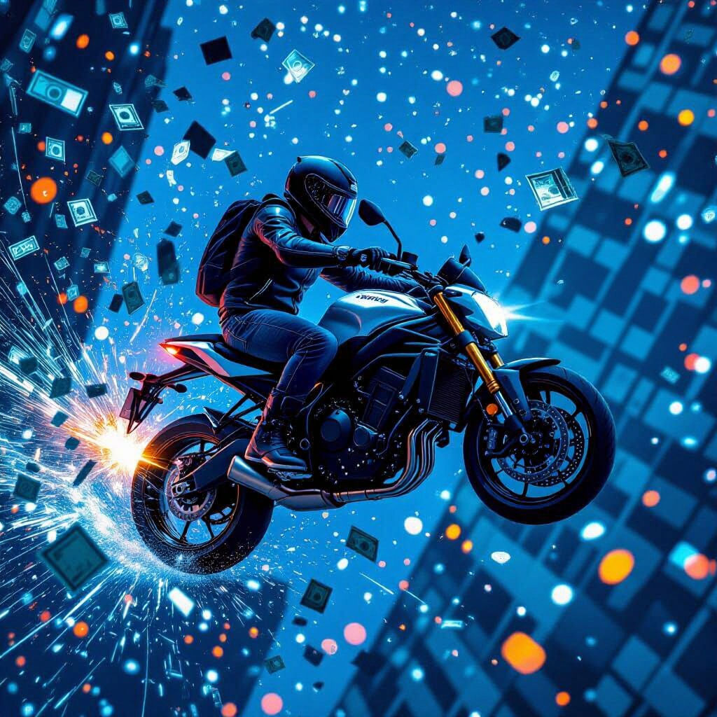 Motorcycle Jump from Skyscraper in Cyberpunk Style