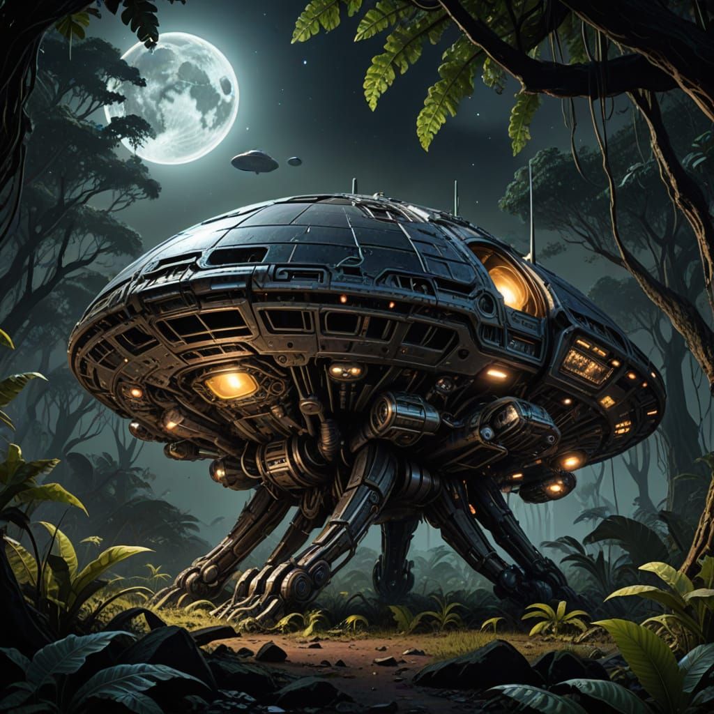 Crashed UFO in African Jungle Under Full Moon