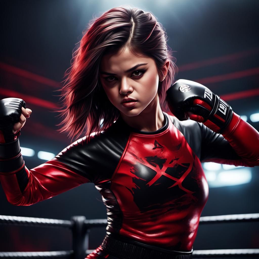 Powerful Female Athlete in Fierce Fighting Stance