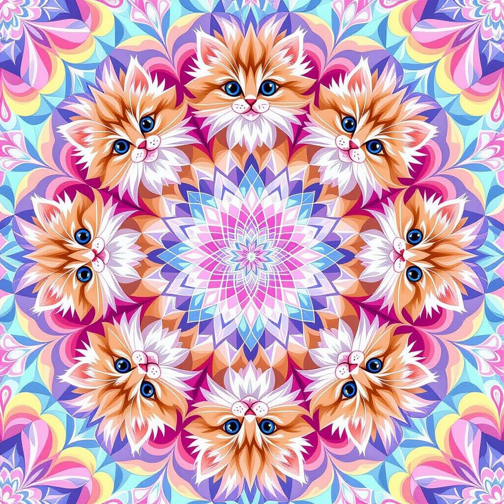 Kaleidoscopic Kitten Mandala in Pastel Vortex