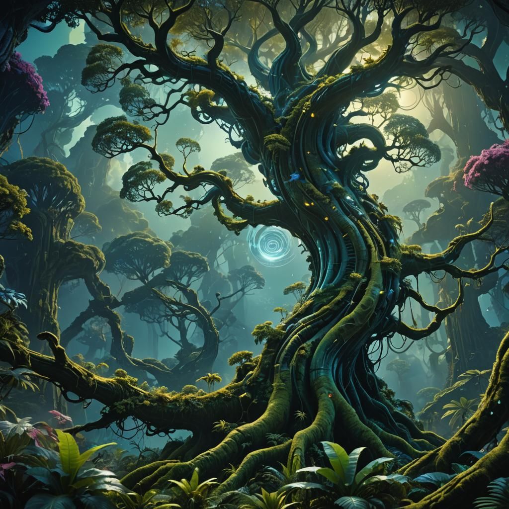 Lush Alien Forest with Bioluminescent Tree