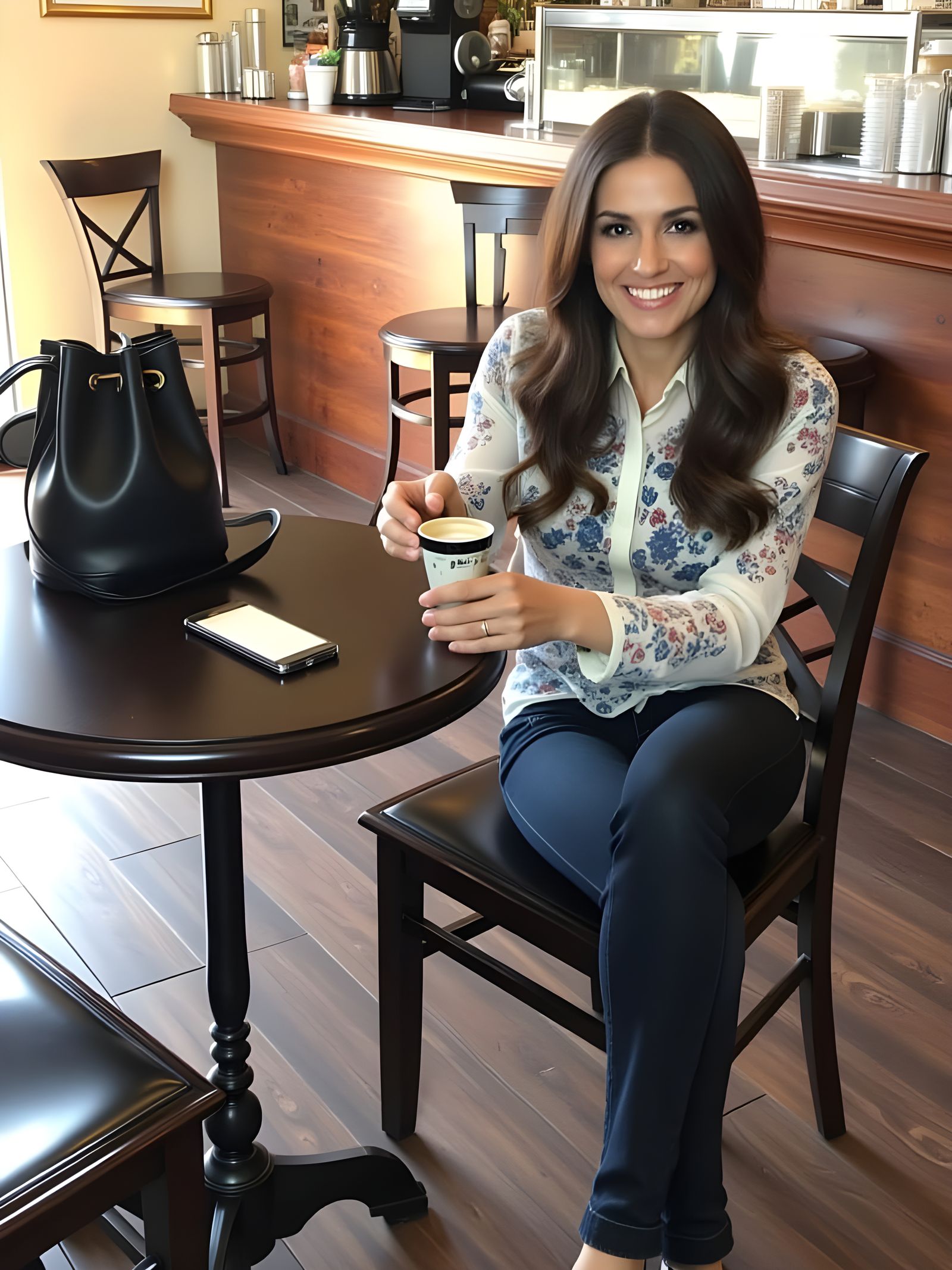 A Dreamy Café Scene with a Woman Enjoying Coffee
