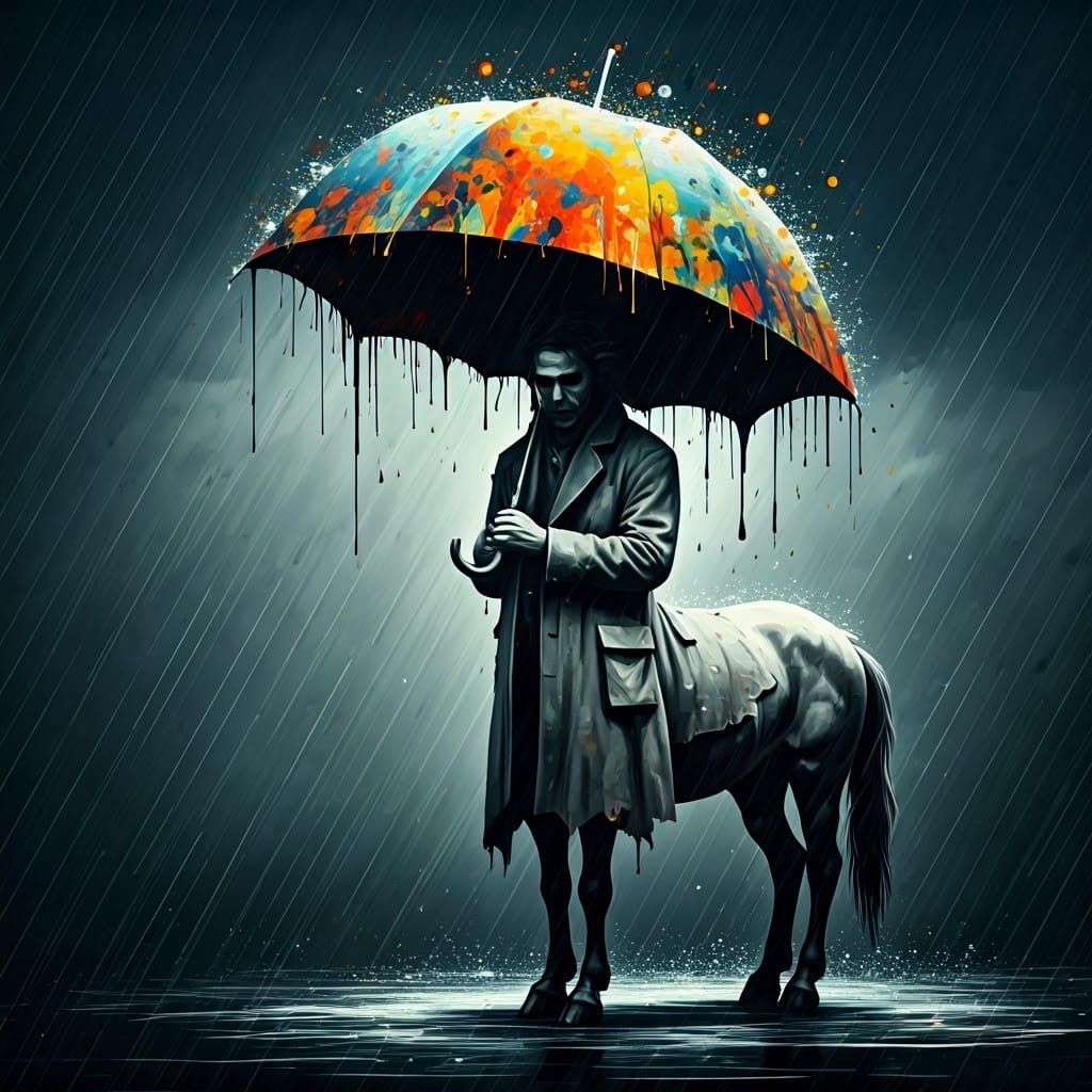 Centaur in Rain with Ink Umbrella, Graphic Art