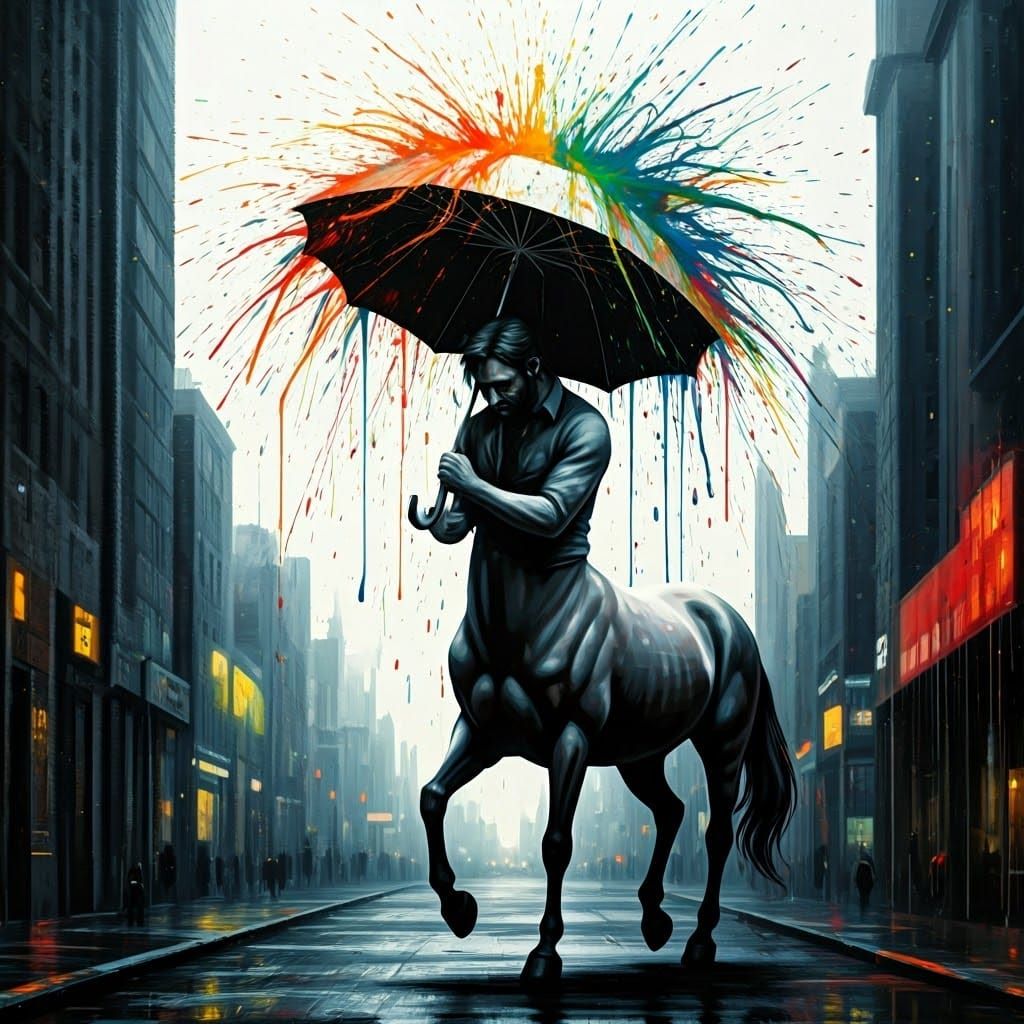 Sad Centaur in Rainy Cityscape, Abstract Expressionism
