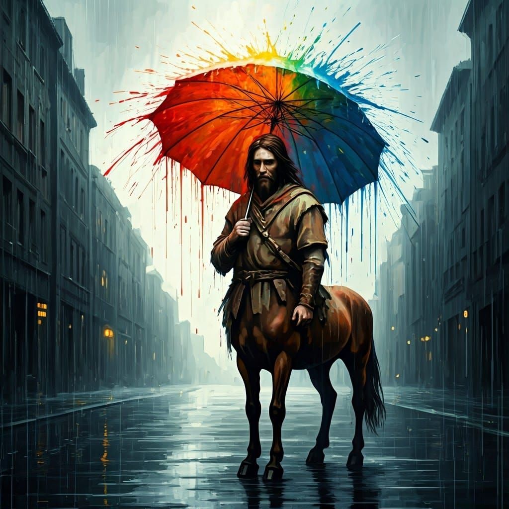 Melancholic Centaur in Rainy City, Banksy Style